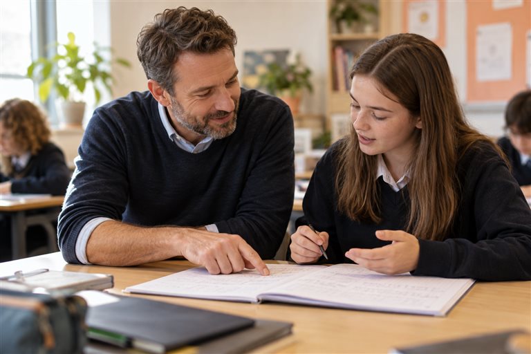 Teacher and pupil discussing an exercise book together