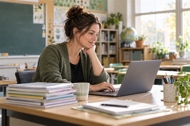 Teacher reviewing work on a laptop at a classroom desk